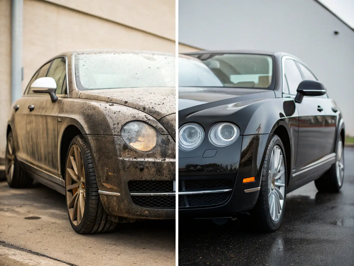 A vehicle shown before and after the full detailing process, highlighting the transformation achieved through Prime Time Auto Spa's full-service package.
