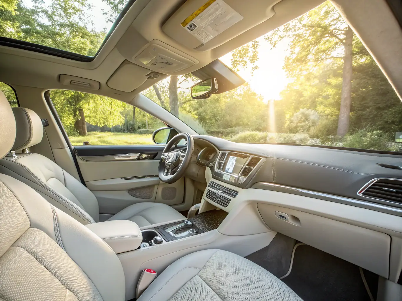 A clean, well-maintained car interior with plush seats and spotless surfaces, highlighting the comfort and cleanliness achieved through Prime Time Auto Spa's interior detailing.