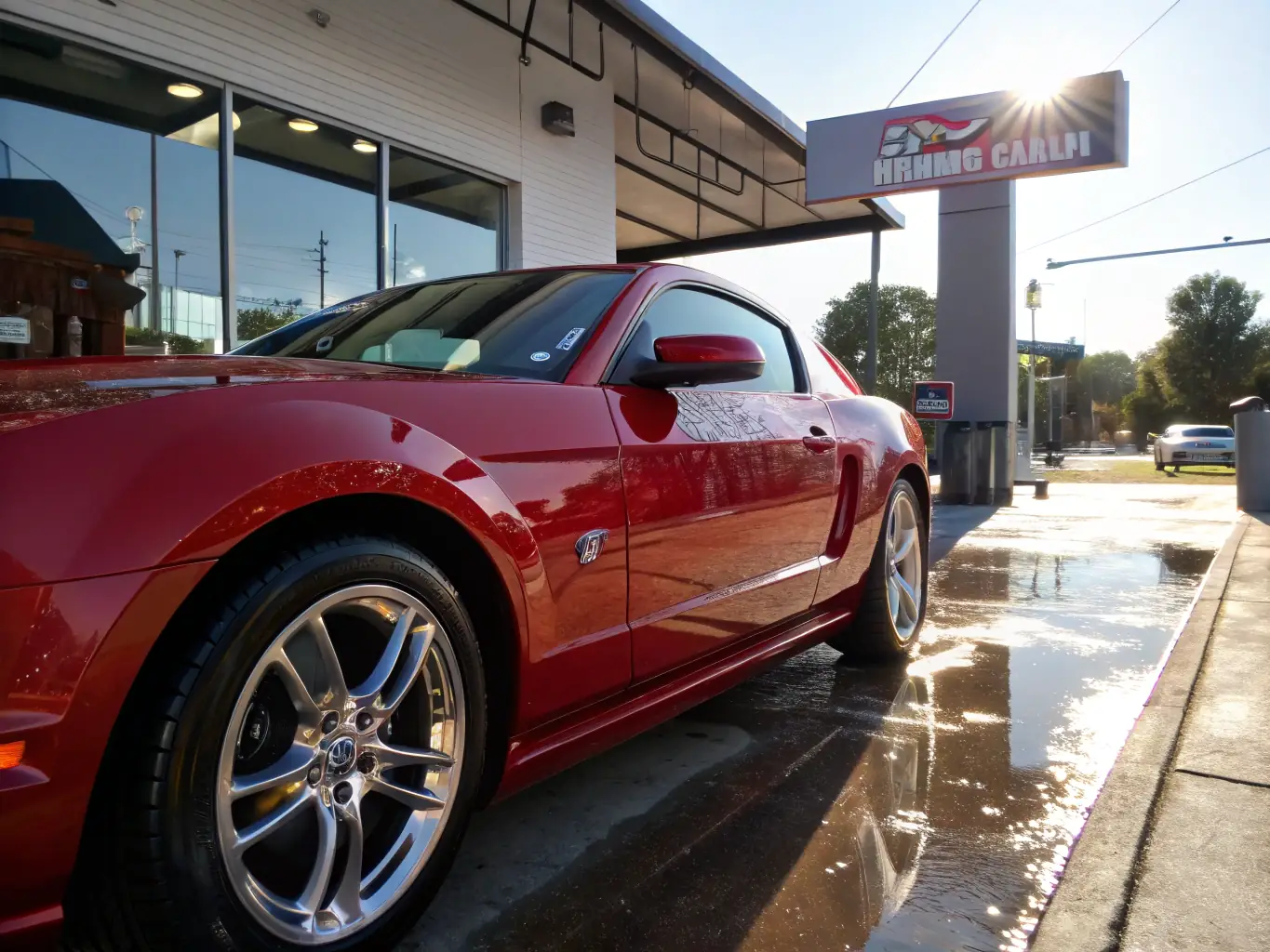 A shiny, freshly detailed car with a mirror-like finish parked outdoors, showcasing the results of Prime Time Auto Spa's exterior detailing service.