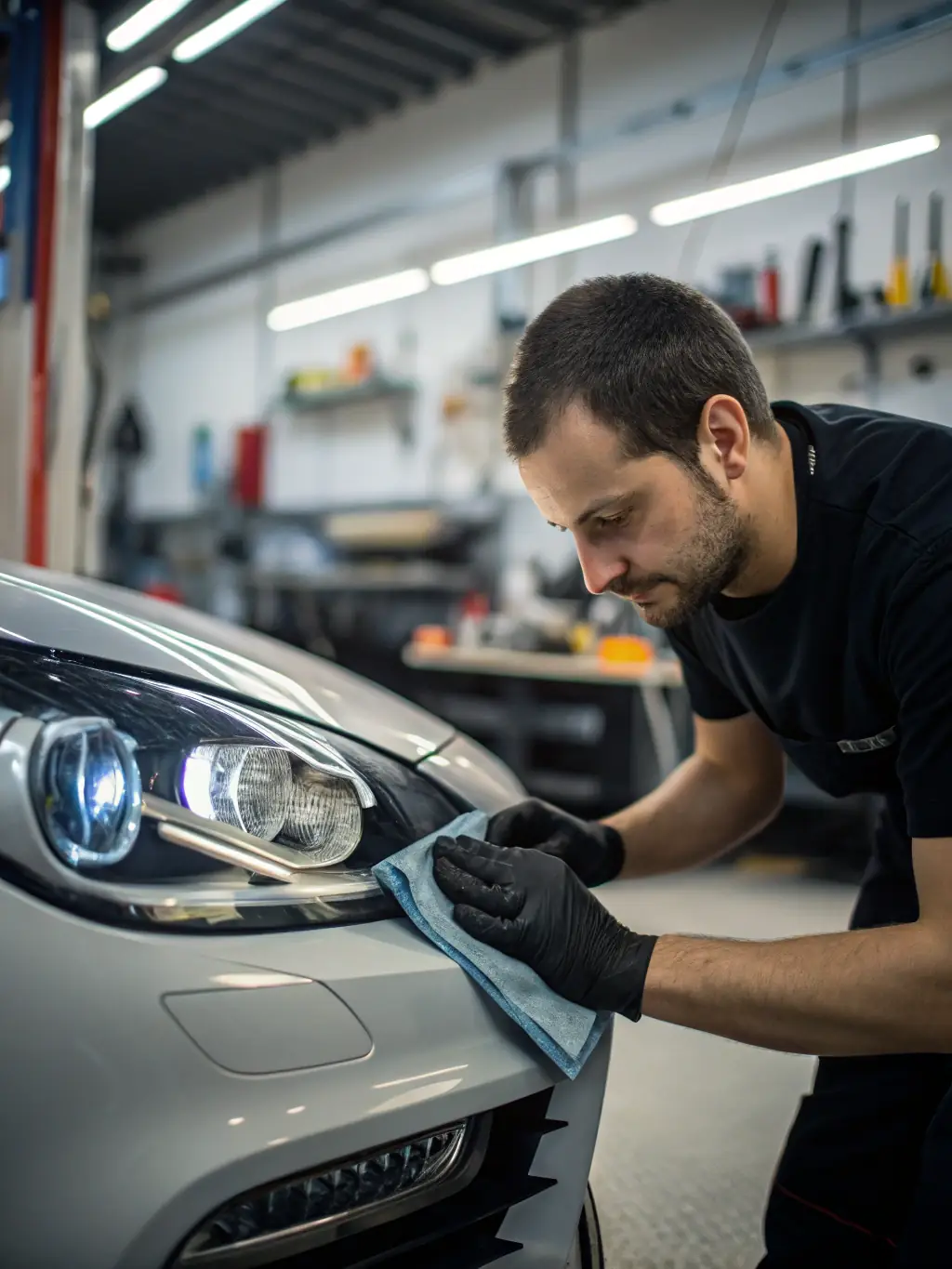 A car undergoing paint correction with a professional buffer, highlighting the removal of swirl marks and scratches. The technician is wearing Prime Time Auto Spa branded apparel.