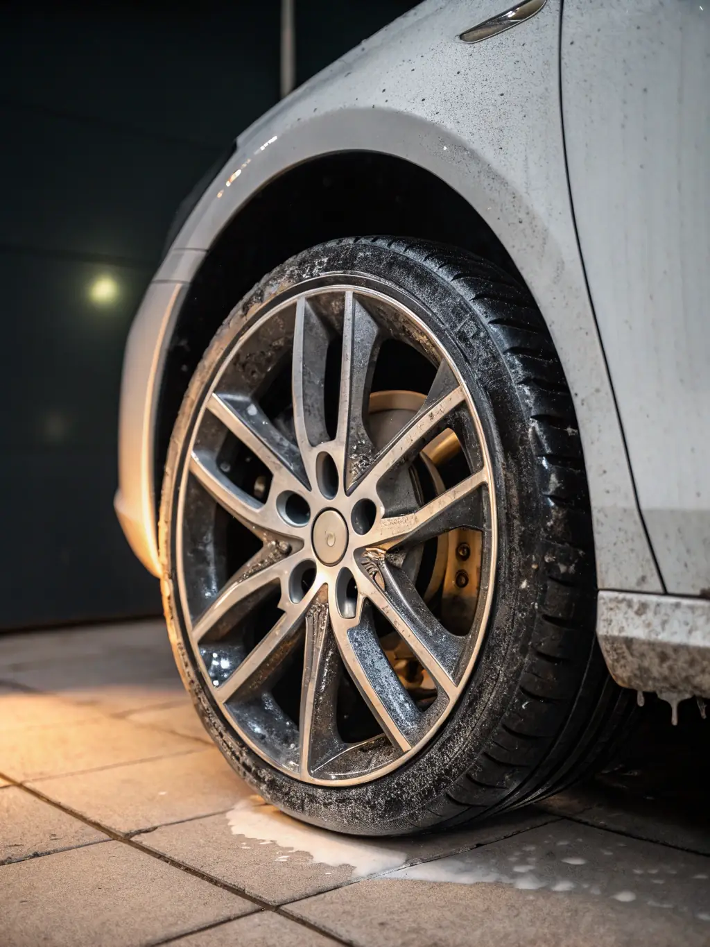 A before-and-after shot of a car's wheels and tires, showing the transformation from dirty and dull to clean and shiny after tire and rim detailing. The Prime Time Auto Spa logo is subtly visible.