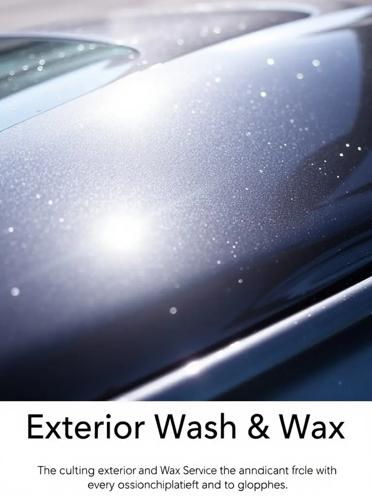A close-up shot of a car's exterior after a premium wax application, showcasing the deep shine and reflection. The background is a blurred view of the Prime Time Auto Spa facility.